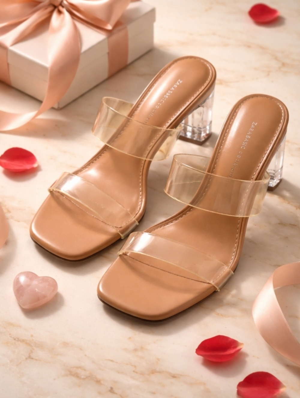 Zara Nude Clear Strap Block Heel Sandals
